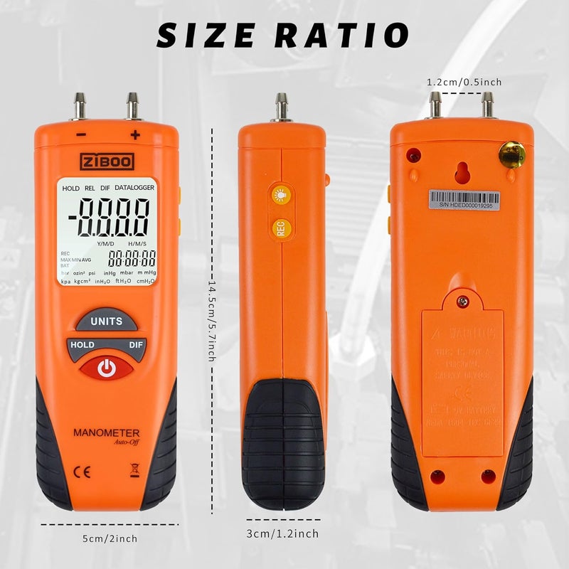 ZIBOO ET1013 Digital Manometer, Air and Gas Pressure Tester, Differential Dual Port Pressure Gauge, Large LCD Display with Backlight,HVAC Gas Pressure Tester - Image 5